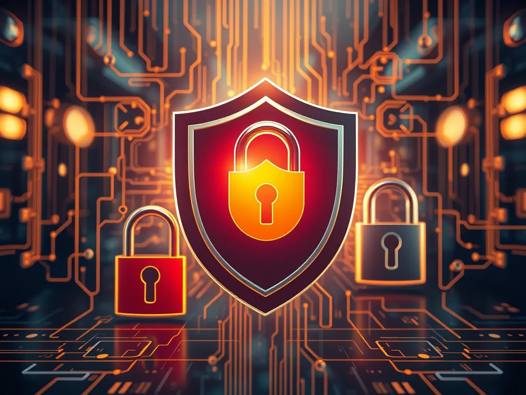 A digital illustration featuring a shield with a padlock in the center, surrounded by smaller padlocks, representing cybersecurity and data protection. The background consists of a network of circuit patterns, symbolizing technology and digital security.
